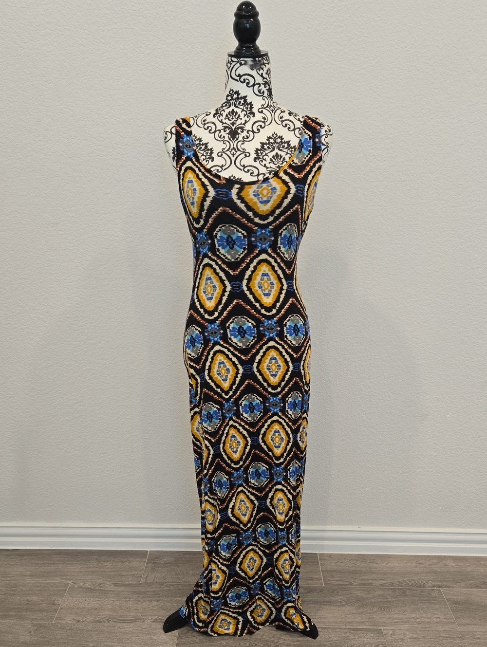 Sleeveless Geometric Maxi Dress in Blue and Yellow